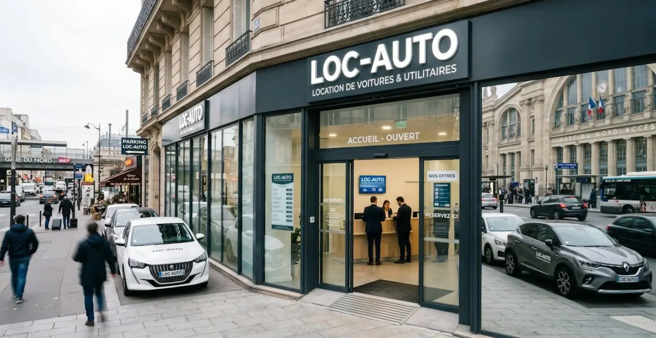 Façade moderne d'une agence de location de voitures dans un environnement urbain français