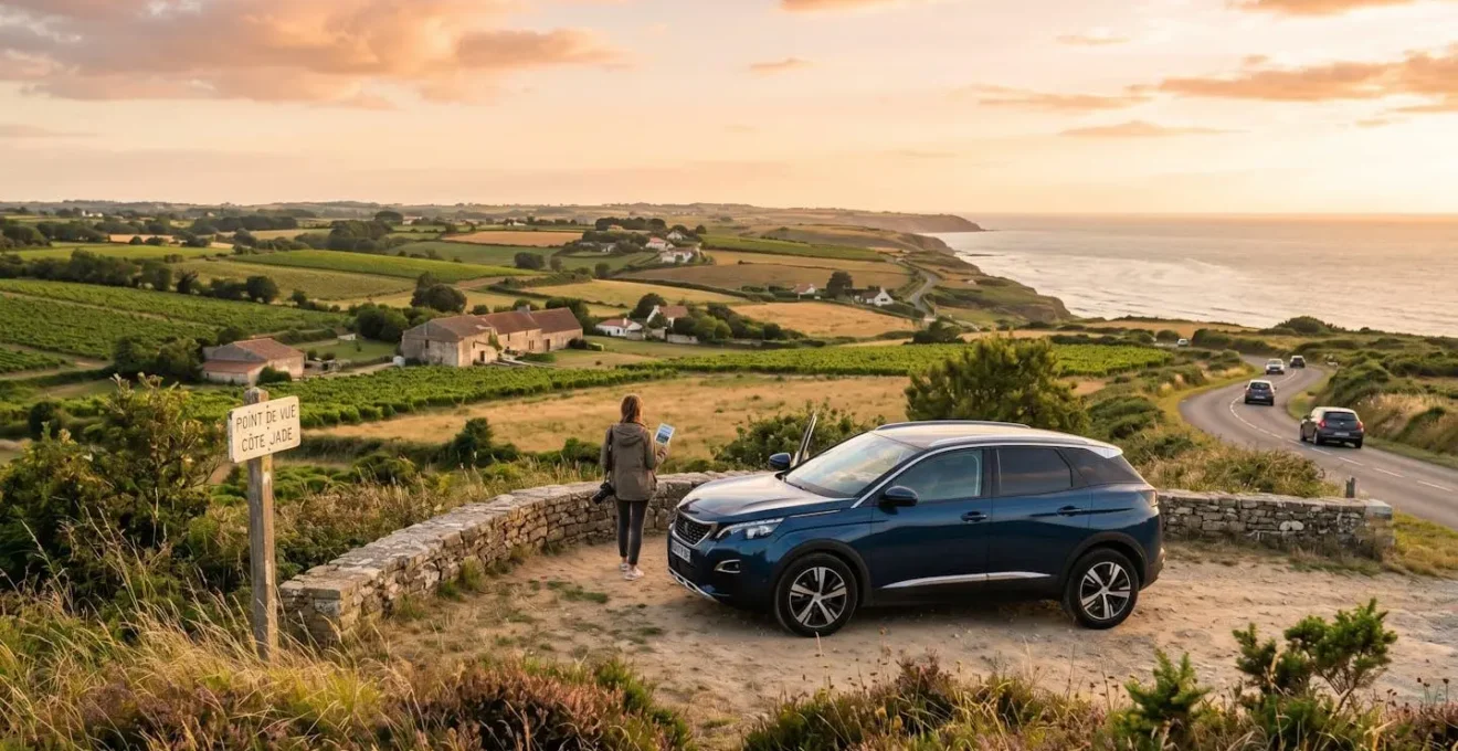 Véhicule de tourisme garé dans un paysage caractéristique de la Vendée lors d'un voyage de découverte