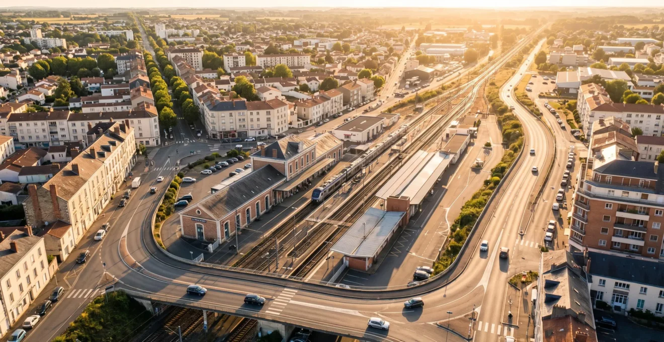 Vue aérienne de La Roche-sur-Yon montrant la gare SNCF et le réseau routier partant vers les destinations vendéennes