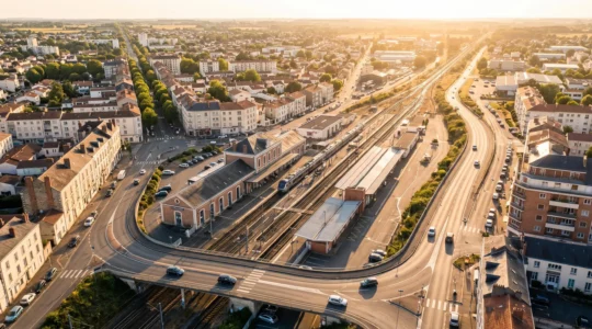 Vue aérienne de La Roche-sur-Yon montrant la gare SNCF et le réseau routier partant vers les destinations vendéennes